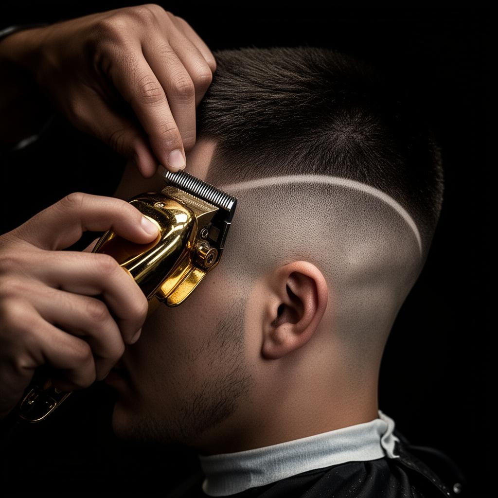 Barber using gold clippers on a clean fade